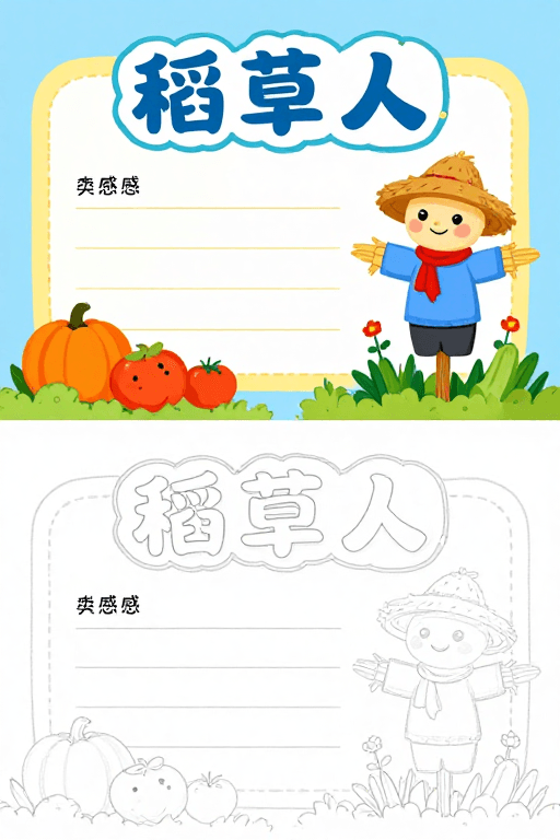 秋季主题素材：童趣稻草人手抄报双面设计插画