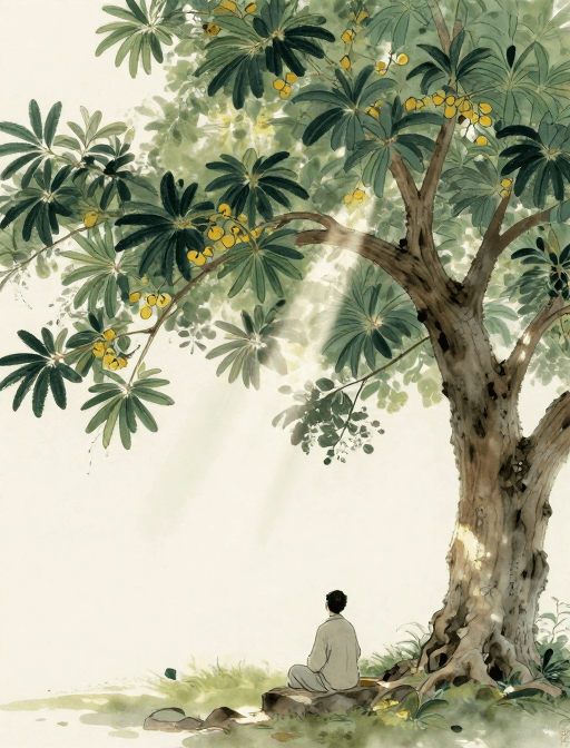 庭院场景素材：古韵诗影：庭院中的诗人背影与亭亭如盖的枇杷树