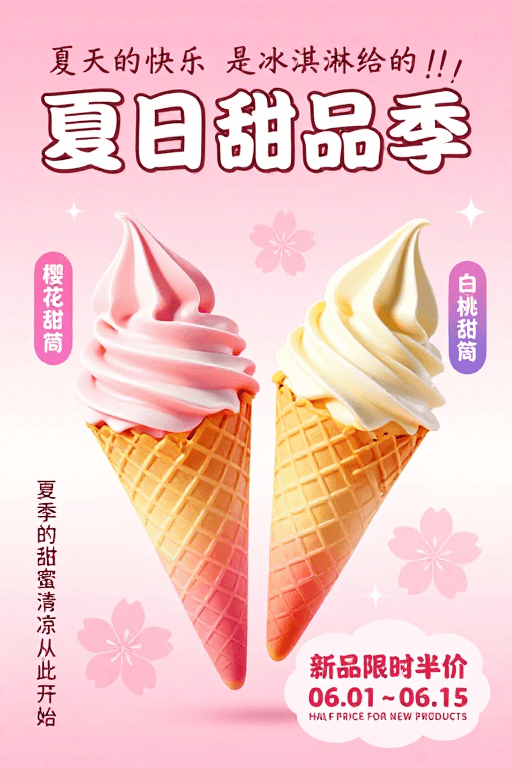 甜蜜氛围素材：夏日甜蜜甜品季：粉嫩冰淇淋海报