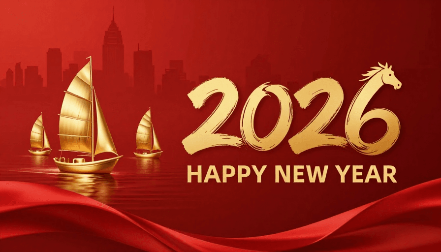 新年庆祝素材：金红2026新年贺图：帆船骏马迎祥瑞