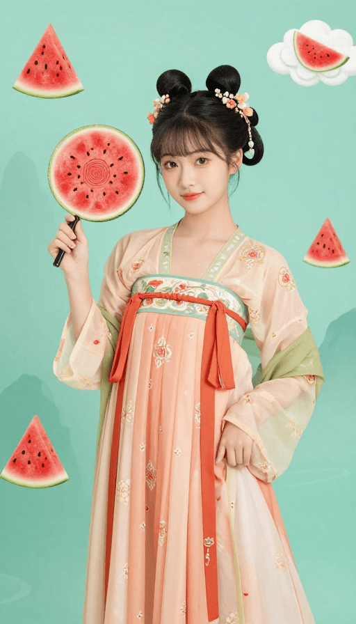 汉服少女素材：国潮西瓜仙子：汉服少女持瓜扇，青绿山水云间趣