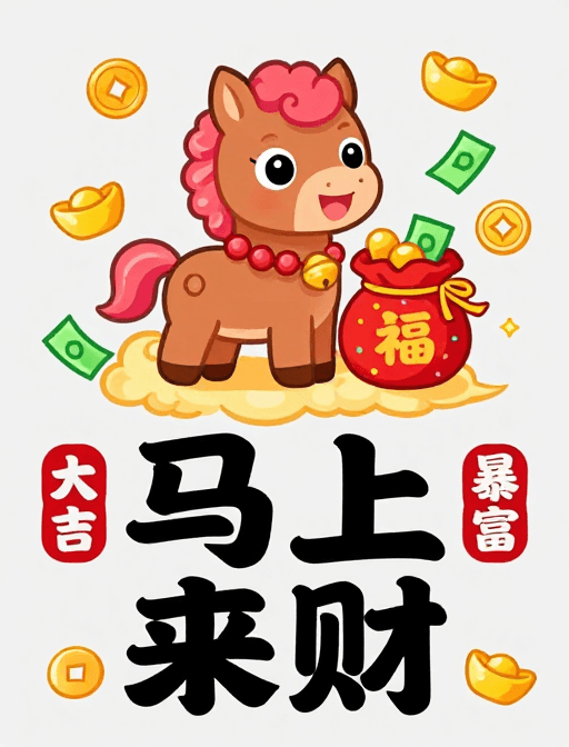 卡通吉祥物素材：扁平马年吉祥物：福袋元宝马上来财