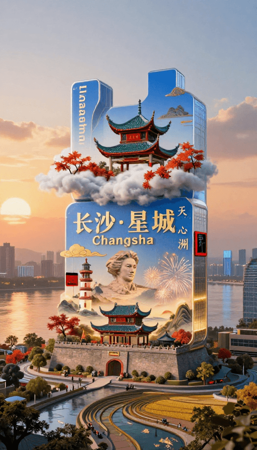 长沙城市景观素材：长沙魔幻山水城：橘子洲时空交响