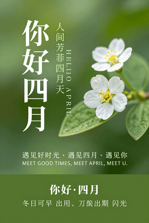 清新风格素材：极简诗意春日海报：你好四月遇见好时光