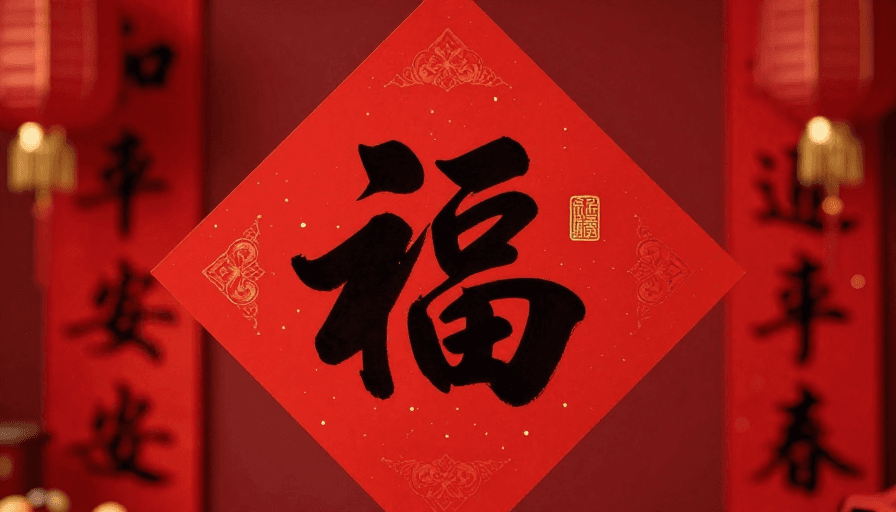 福字素材：传统新年福字艺术海报，红色喜庆氛围浓厚