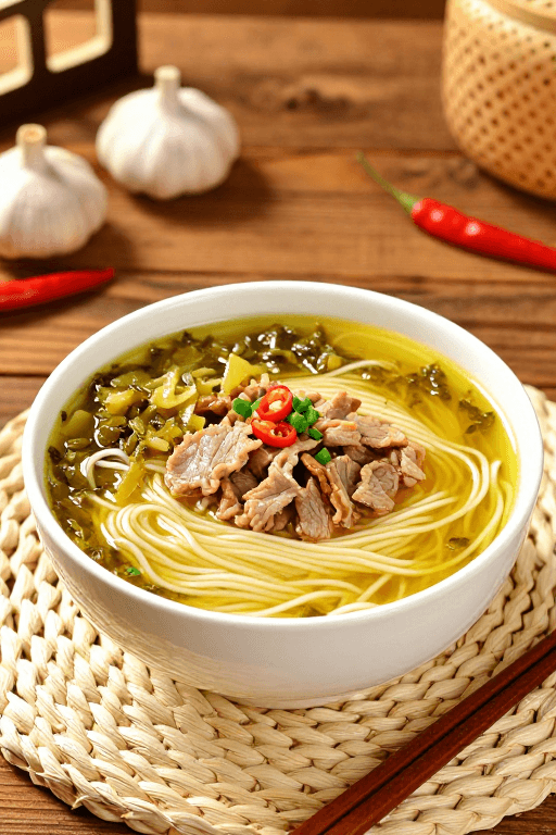 广告素材素材：暖光下的经典酸菜肉丝汤面，诱人家常风味
