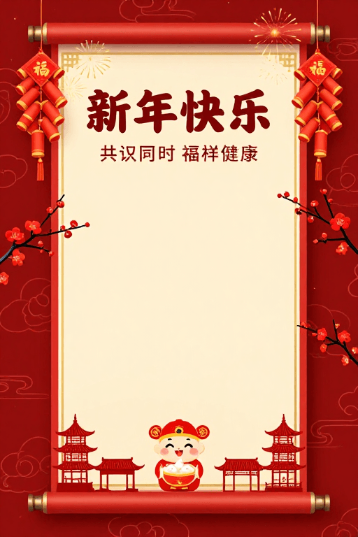 喜庆素材：红色中国风新年卷轴海报：团圆喜庆与吉祥祝福