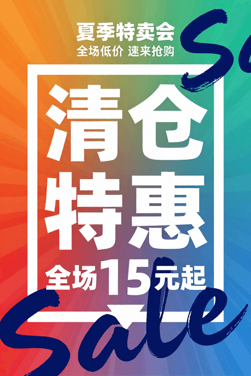 高饱和渐变素材：夏季清仓特惠海报：高饱和动感促销视觉设计