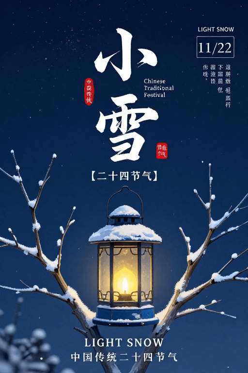 水墨风素材：冬夜静谧：小雪节气水墨风插画