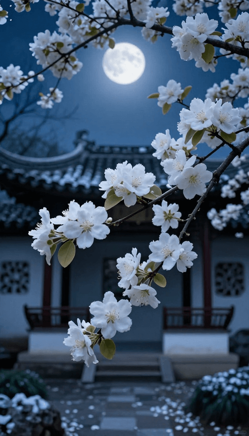 梦幻艺术素材：月色海棠·蓝调园林的静谧绽放
