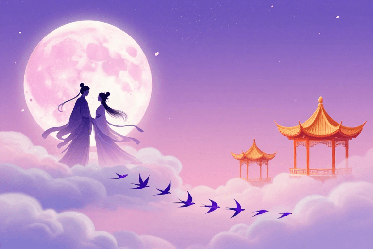 情侣剪影素材：紫粉夜空樱花恋月·古风恋人插画