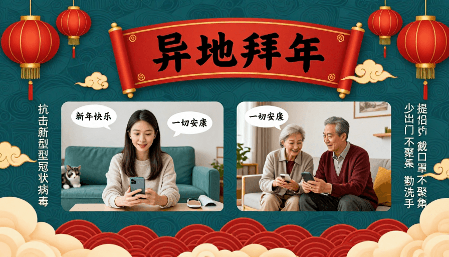 公益海报素材：异地拜年：春节温情守护，健康平安共迎新
