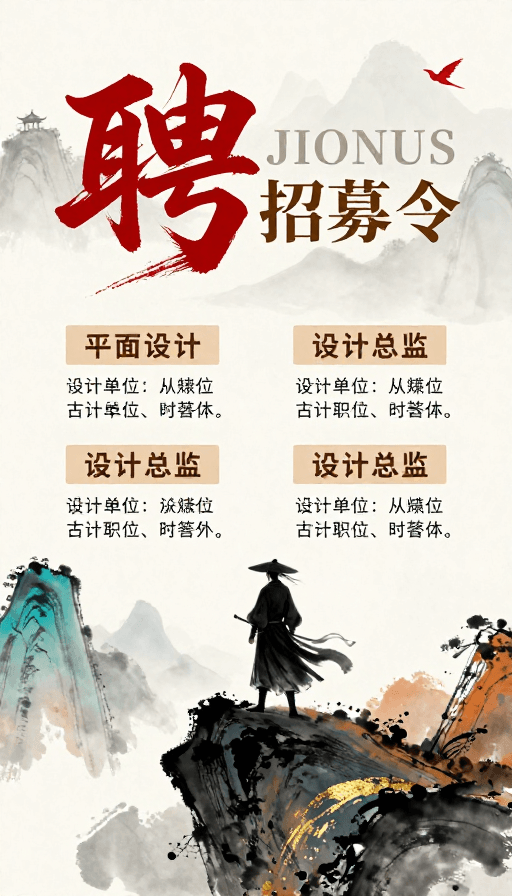 招聘海报素材：水墨武侠风招聘海报：朱砂‘聘’字与孤傲武士意境融合