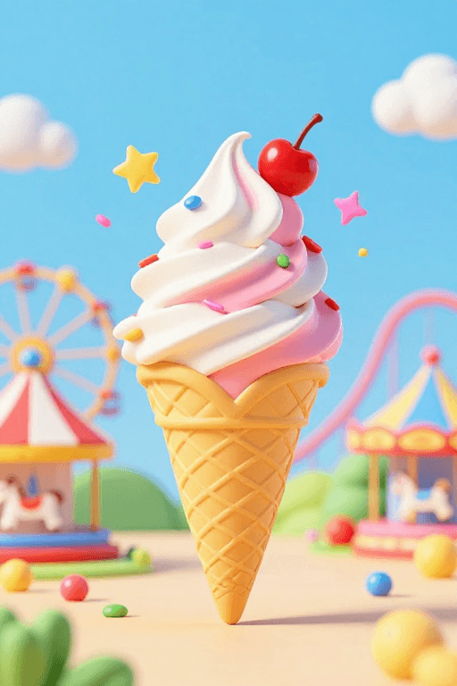 夏日活力素材：夏日梦幻卡通冰淇淋：缤纷游乐场中的清新美味