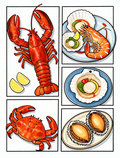 社交媒体素材：手绘漫画海鲜盛宴：龙虾扇贝螃蟹大虾鲍鱼晚餐