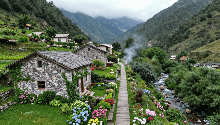 航拍摄影素材：烟雨古径·山谷秘境：花溪畔的田园民宿与远山