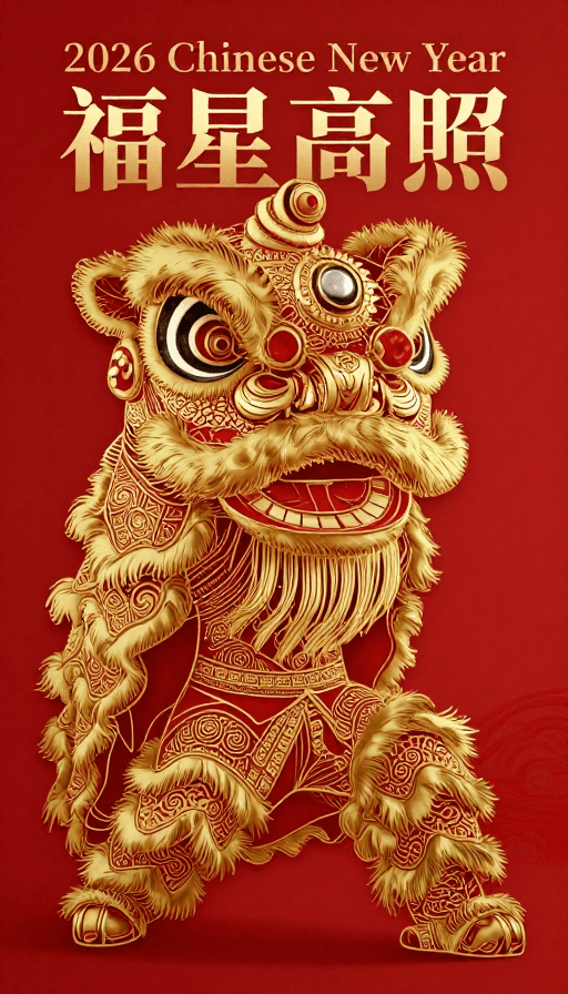 仰视构图素材：2026春节舞狮插画：国风金红奢华艺术