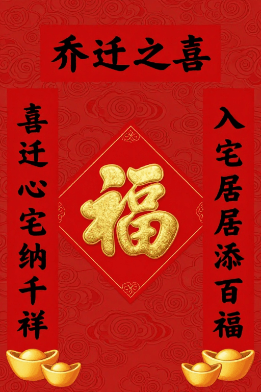 红金配色素材：传统中式春联海报：乔迁之喜与福气满满
