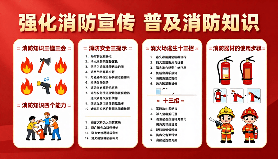 知识科普素材：消防知识科普宣传海报：卡通插画设计