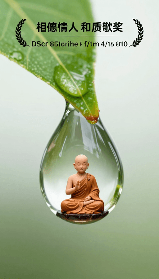 富士胶片质感素材：微缩世界里的禅意：一滴雨露中的打坐僧人