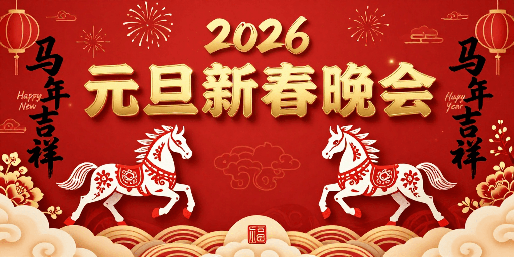剪纸艺术素材：红金配色中式新年晚会海报