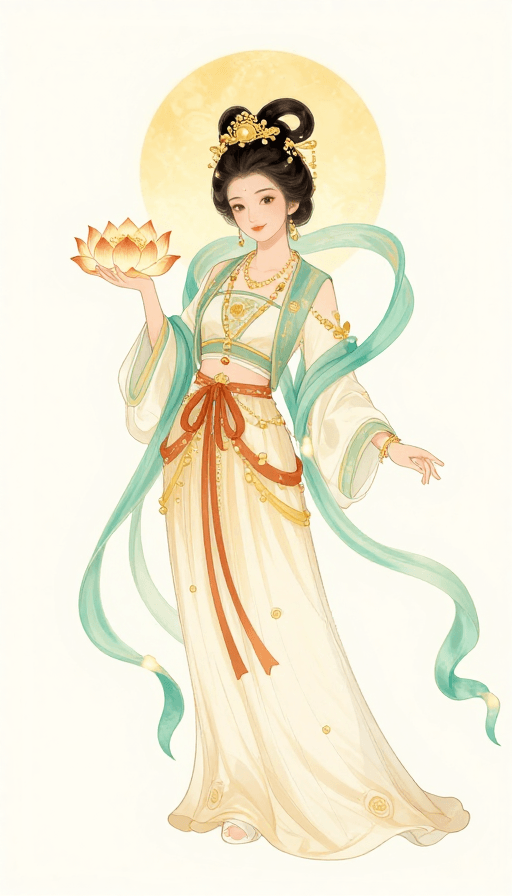 云雾仙境素材：手持金莲的仙气飘逸莲花仙子