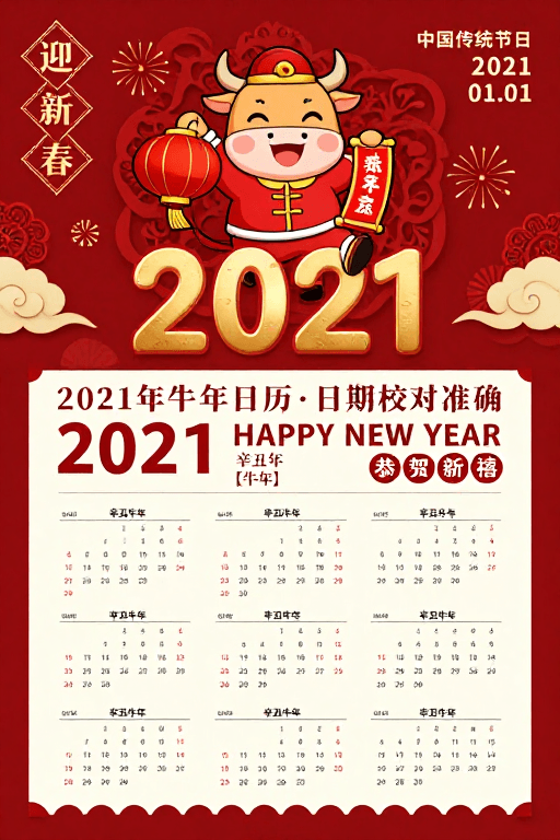传统节日素材：喜庆中国风2021新年海报：卡通牛庆贺新春与实用日历