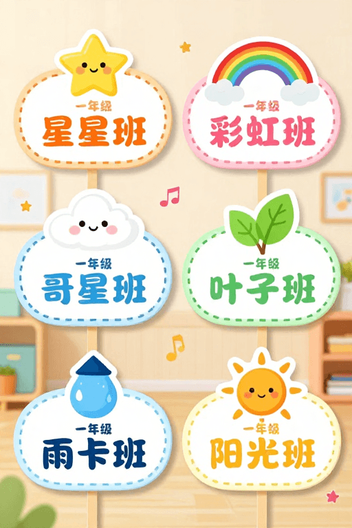 扁平化插画素材：清新马卡龙风一年级班级标识牌设计