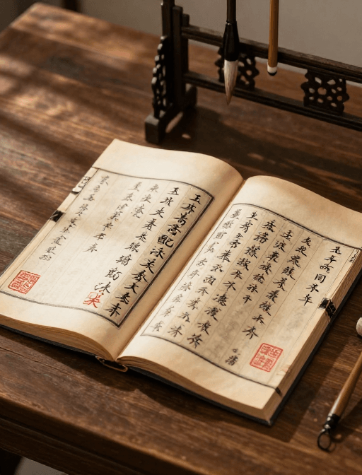 书法艺术素材：古籍墨韵：暖光下泛黄纸页的书法艺术之美