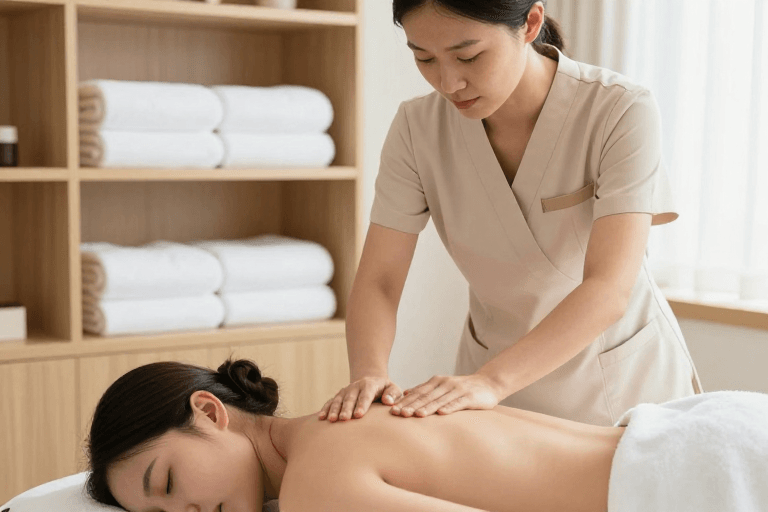 广告宣传素材：专业按摩师专注服务，营造高端SPA舒适体验
