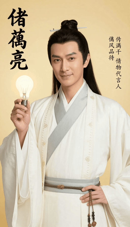 卡通风格素材：诸葛亮智慧点亮光明，灯泡节能新选择