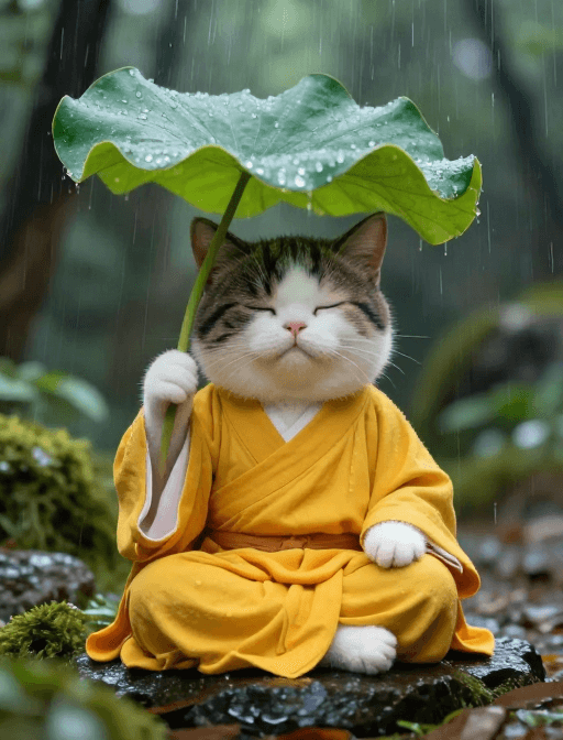 微距细节素材：雨中禅意：僧衣猫咪的静谧沉思瞬间