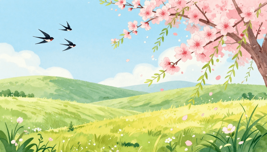 手绘质感素材：春日治愈田园水彩风光插画