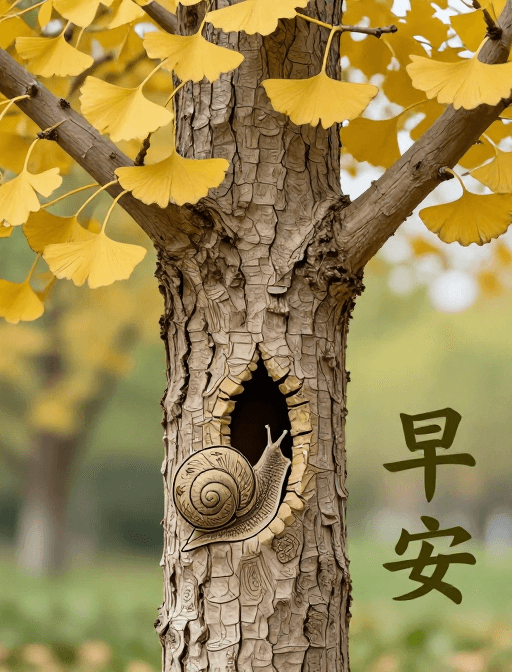早安问候素材：晨光银杏与蜗牛：沙画浮雕自然早安图