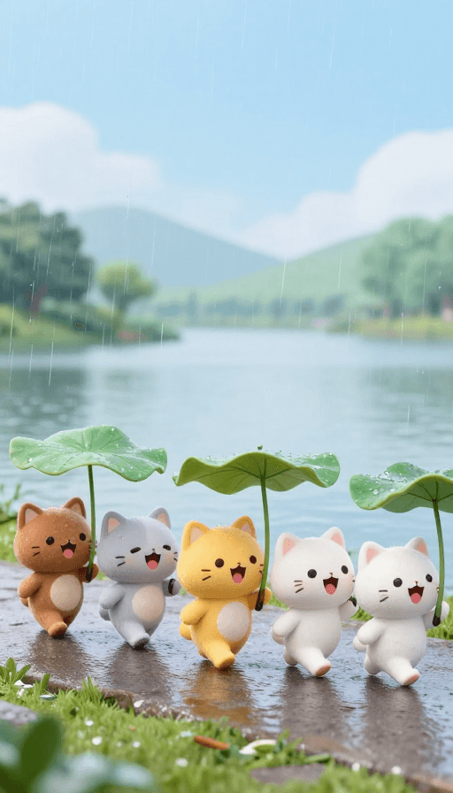 拟人化猫咪素材：雨中萌动：五只3D卡通小猫撑伞合唱的治愈瞬间