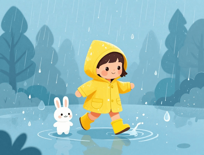 品牌宣传图素材：治愈系儿童雨天插画：黄雨童踏水洼