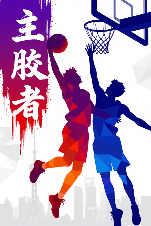 低多边形风格素材：紫蓝橙交织的都市篮球对决：现代数字艺术动感瞬间