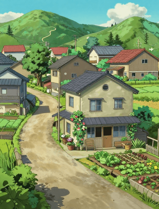治愈系插画素材：宫崎骏风治愈系：乡间小屋与爬藤花田的静谧时光