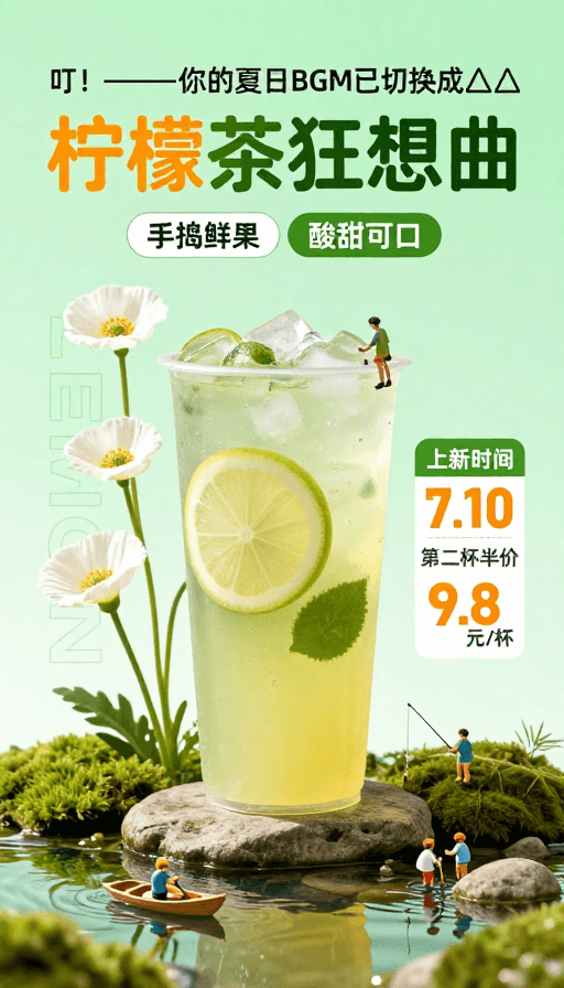 清新插画素材：夏日清凉柠檬茶狂想曲 清新梦幻创意海报