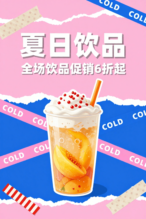 广告素材素材：夏日清凉拼贴海报：缤纷饮品促销