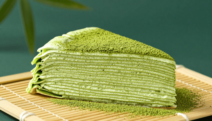 青绿主调素材：高清抹茶千层蛋糕特写，青绿色调商业摄影