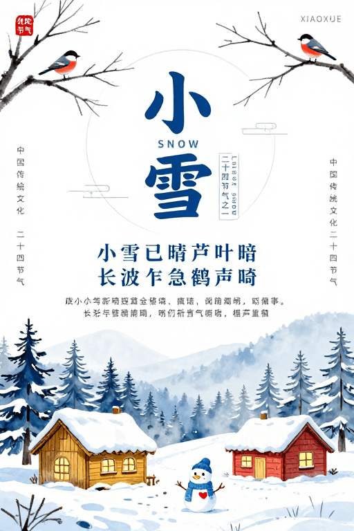 文化海报素材：清雅蓝白雪景小雪节气水墨海报