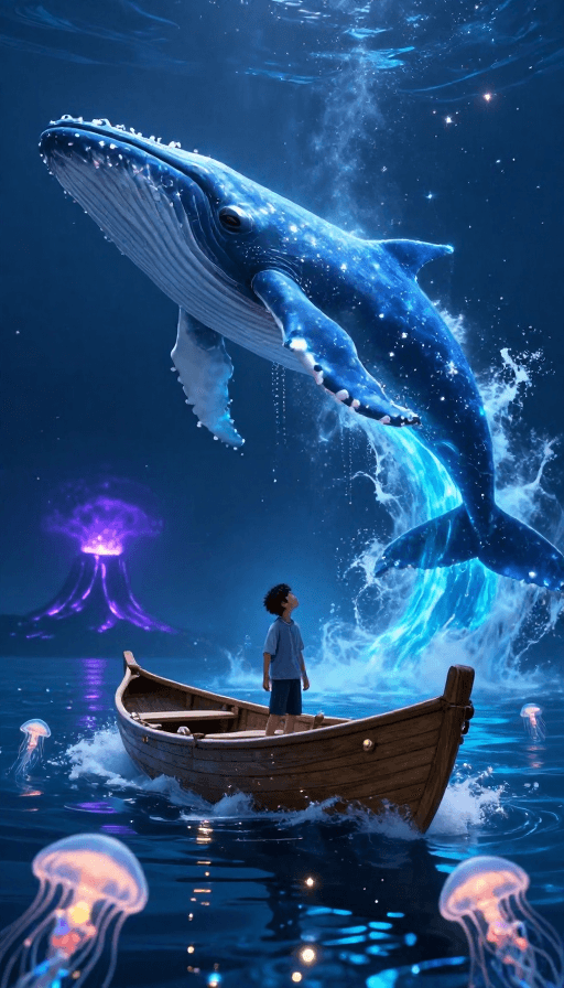 动态光影素材：幽蓝巨鲸与少年：超现实深海奇幻之旅