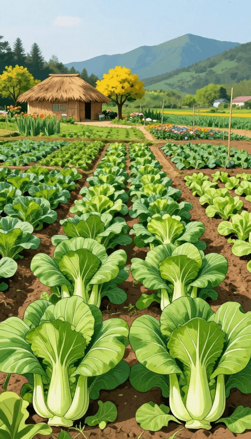 生态景观素材：清新田园实景风：翠绿蔬菜与茅草屋的宁静之美