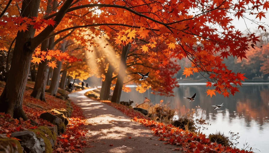 秋日枫林素材：秋日枫林湖畔：金辉光束中的静谧美景