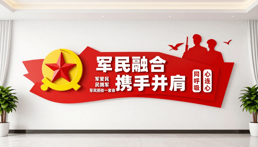 文化墙设计素材：军民融合携手并肩：庄重红色文化墙设计
