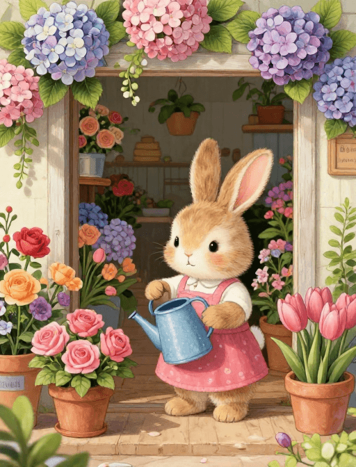 温馨插画素材：温情治愈：小兔子照料花店的美好瞬间