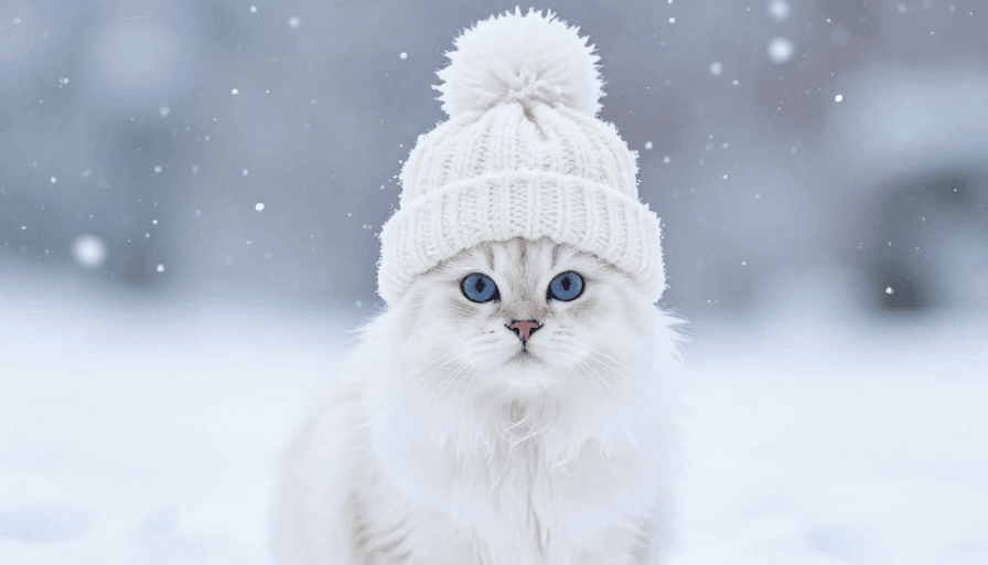 萌宠摄影素材：冬雪中的萌白猫：毛绒绒的温暖与纯净