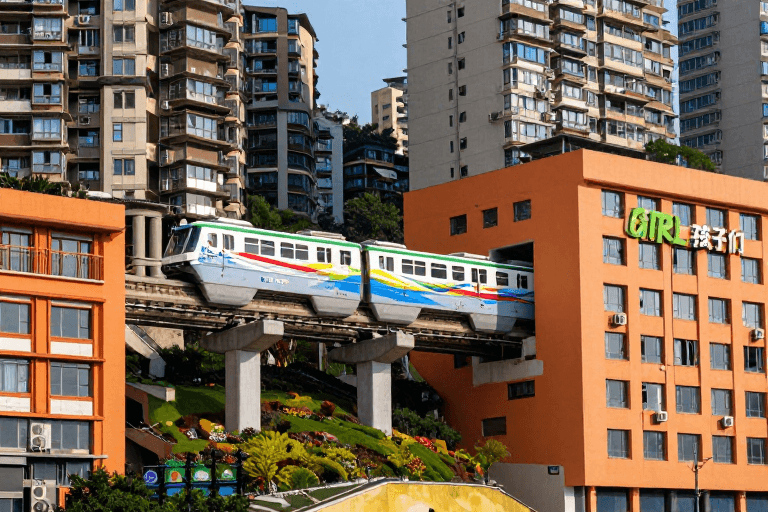 轻轨列车素材：重庆轻轨穿行橙绿建筑群，色彩鲜明摄影