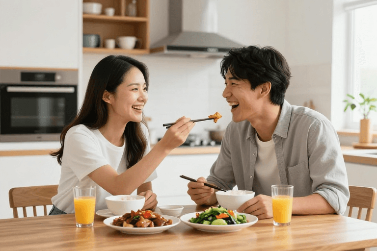现代厨房素材：温馨时刻：亚洲情侣共享美食的居家时光